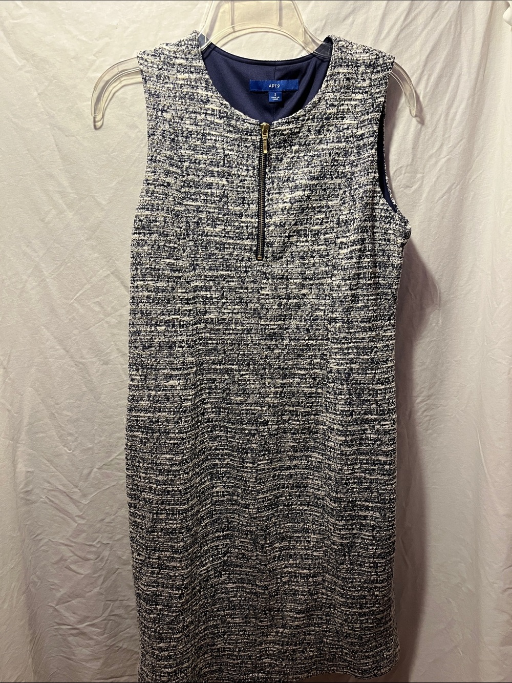 Apt. 9 Navy and White Tweed Sheath Dress with Gold Zip